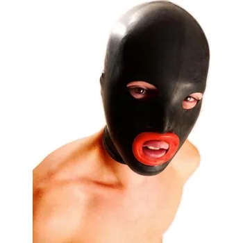 Erotická maska M&K Rubber Hood Red Lips, černá latexová maska
