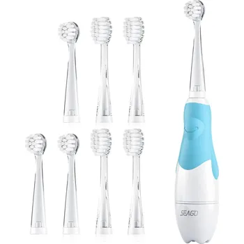 Elektrický zubní kartáček Dětský sonický zubní kartáček SEAGO, barva modrá, 1xAA 1,5V (není součástí balení), 4 hroty, SG-513 Blue + Sada náhradních kartáčků pro SG-513, SG-977 SEAGO, 4 ks, barva transparentní, SG-513 Refill
