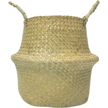 Koš na prádlo Proutěný koš z mořské trávy 24 x 27 cm Přírodní závěsný koš s uchy Úložný koš na zeď Dekorace do interiéru Boho styl Ručně pletený košík béžova