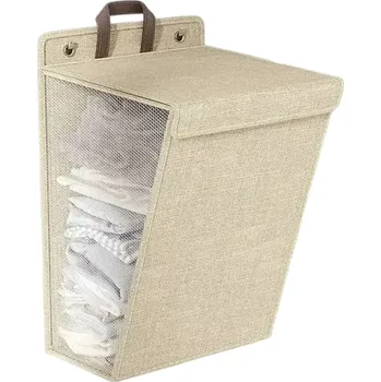 Koš na prádlo Skládací nástěnný koš na prádlo 43 x 36 x 12 cm Úspora místa Závěsný plastový koš Sklopný design Koupelna Ložnice Domácí organizace béžova