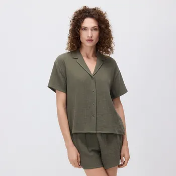 Dámské pyžamo Reserved - Dvoudílné mušelínové pyžamo - olivová - 190EY-91X - 190EY-91X-XL