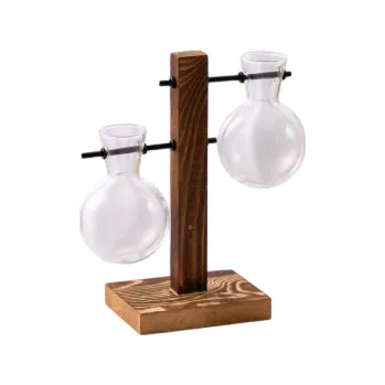 Váza Skleněná váza ve stojanu 19 cm Dvojitá dekorativní zkumavka Kulatý design Dřevěná základna Retro styl Květináč na rostliny i řízky