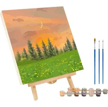Obraz Malířská sada s předlohou 20x20 cm Západ slunce za lesem Vybarvování podle čísel Akrylové barvy Kreativní umění Domácí dekorace