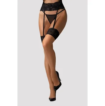 Dámské punčochy Obsessive Černo-béžové podvazkové punčochy Nutris černá XL/XXL