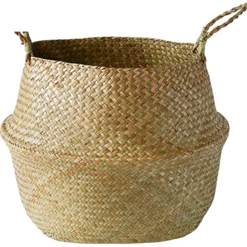 Koš na prádlo Proutěný koš z mořské trávy 34 x 40 x 45 cm Dekorativní úložný koš s uchy Přírodní koš na zavěšení Koš na prádlo nebo hračky