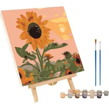 Obraz Sada pro malování podle čísel 20x20 cm Slunečnice při západu slunce Krajina s květinami Akrylové barvy Kreativní tvoření Dekorace