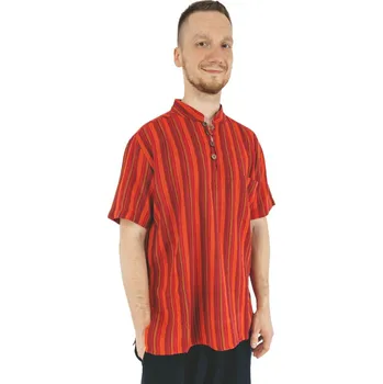Pánská košile Pánská košile kurta červeno-oranžový proužek - krátký rukáv Velikost: 3XL