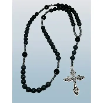 Náhrdelník Pánský náhrdelník z lávového kamene a hematitu + kříž