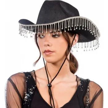 Klobouk CHAKS Klobouk kovbojský černý s řetízkem s kamínky