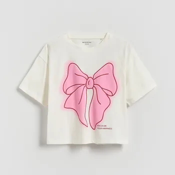 Dívčí tričko Reserved - Volné tričko s potiskem - krémová - 453FT-01X - 453FT-01X-U15