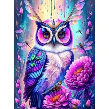 Obraz 5D DIY diamantová malba 30x40 cm Růžová sova ve fantasy stylu Plné kulaté kamínky Kreslené zvíře Výšivka Umělecká dekorace bytu