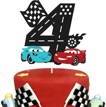 Dortová dekorace s číslem 4 Závodní motiv Silnice Vlajka Start Cíl Barevná oslava Dětské narozeniny Tematická výzdoba dortu