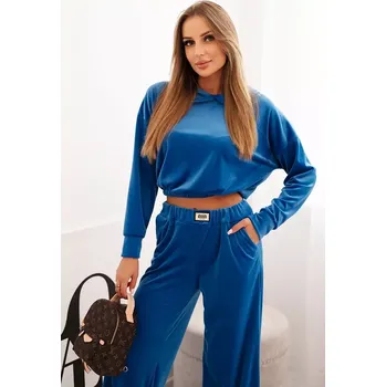 Kesi Włoski Dámská souprava z veluru s širokými nohavicemi a mikinou s kapucí chabrová Kesi Włoski tyrkysová 3379307