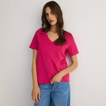 Dámské tričko Reserved - Tričko střihu regular s výstřihem do V - fuchsiová - ZS218-43X - ZS218-43X-XS