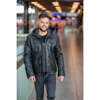 Pánská casual bunda Pánská černá kožená bunda s kapucí DMRics Velikost 50