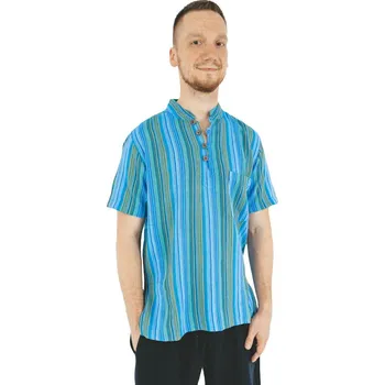 Pánská košile Pánská košile kurta modrý proužek - krátký rukáv Velikost: 3XL