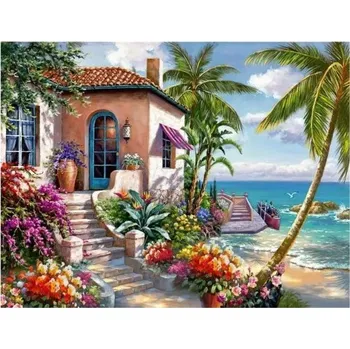 Obraz 5D DIY diamantová malba 30x40 cm Přímořská vila Palmy Moře Květiny Letní krajina Kulaté kamínky Křížkový steh Dekorace Dárek