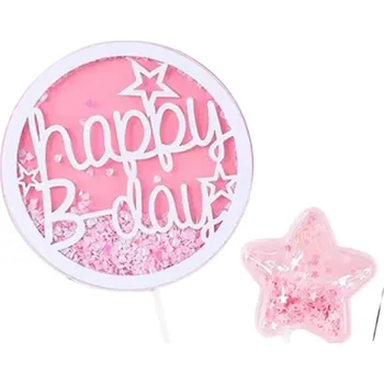 Růžová narozeninová ozdoba na dort Všechno nejlepší k narozeninám s hvězdičkou 9 cm Dekorace dortu Slavnostní zápich
