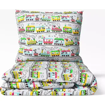 Povlečení Dětské bavlněné povlečení Vláčci na šedé 140x200+70x90
