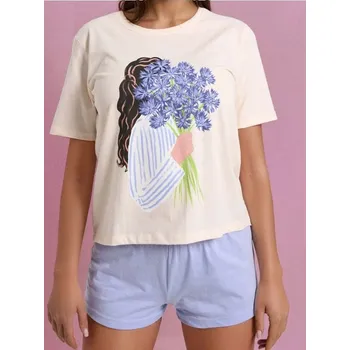 Dámské oblečení Sinsay - Bavlněná dvoudílná pyžama s potiskem - krémová - 227FM-01X - 227FM-01X-M