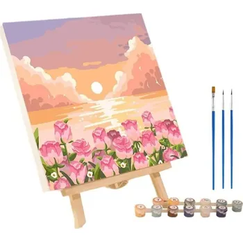 Obraz Sada pro malování podle čísel 20x20 cm Západ slunce a květiny Akrylové barvy Plátno Štětce Rám Relaxační hobby Dekorace na zeď