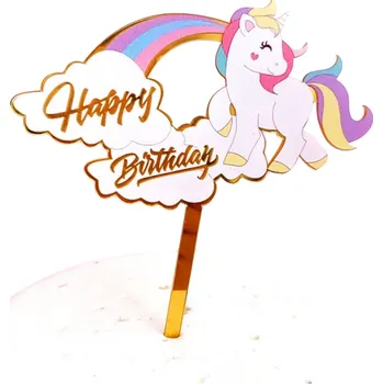 Dortová dekorace s jednorožcem a duhou Růžová dětská slavnostní ozdoba s nápisem Happy Birthday na zlaté nožce