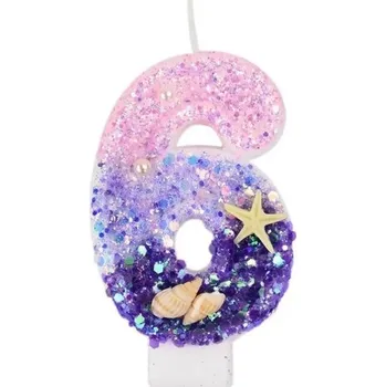 Narozeninová svíčka ve tvaru čísla 6 Fialovo-růžová ombré svíčka s mušličkami a hvězdicí Mořská dekorace na dort Oslava