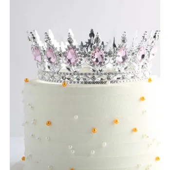 Stříbrná koruna na dort 12,5 x 5,3 cm Barevné kameny Elegantní dekorace na dort Narozeninová oslava Princeznovský motiv růžová