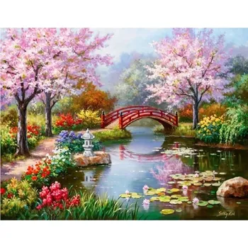 Obraz 5D DIY diamantová malba 30x40 cm Japonská zahrada s mostem Plné kulaté kamínky Krajina Výšivka Umění Ruční práce Domácí dekorace