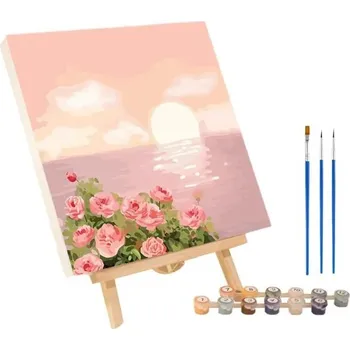 Obraz Sada pro malování podle čísel 20x20 cm Západ slunce a růže Akrylové barvy Plátno Štětce Rám Relaxační tvoření Domácí dekorace