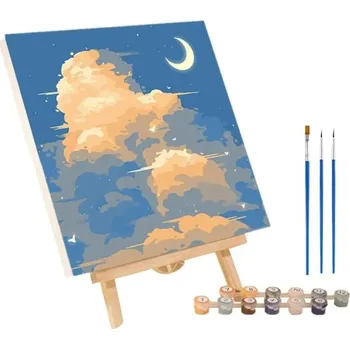 Obraz Sada pro malování podle čísel 20x20 cm Noční nebe s obláčky a měsícem Kreativní výtvarná sada Akrylové barvy Plátno Štětce Dekorace