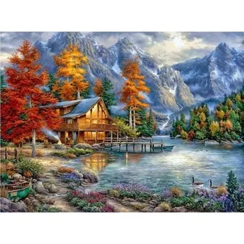 Obraz 5D DIY diamantová malba 30x40 cm Jesenní horská krajina s dřevěnou chatou Plné kulaté kamínky Výšivka Křížkový steh Dekorace Dárek