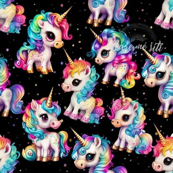 Úplet, Jednorožci s duhovou hřívou na černé (E) (Top kvalitní úplet Bella digitisk)