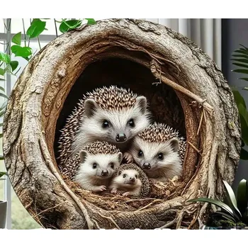 Plechová cedule BAF Nástěnná kovová cedule Rodinka ježků. Průměr 20 cm