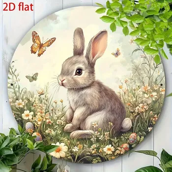 Plechová cedule BAF Nástěnná kovová cedule Králíček a květiny průměr 20 cm