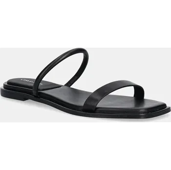 Dámské pantofle Kožené pantofle Calvin Klein FLAT SANDAL SQUARED 2-BAR LTH dámské, černá barva, HW0HW02532 99X, EUR 39