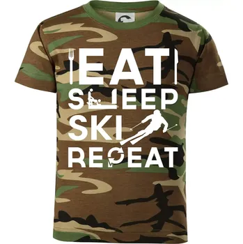 Chlapecké tričko Eat sleep ski repeat - Dětské maskáčové triko - 122 cm/6 let ( Hnědý maskáč )