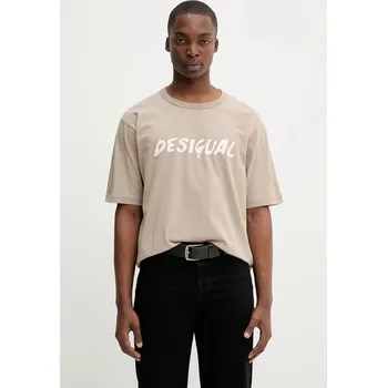 Bavlněné tričko Desigual VICENTE pánské, hnědá barva, s potiskem, 25WMTK20 84X, vel. L