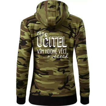 Dámská mikina Jsem učitel, vím hodně věcí - Dámská mikina trendy zipper s kapucí - XS ( Zelený maskáč )