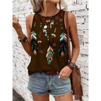 Dámské ležérní tílko v boho-ethno stylu (potisk pírka) Barva: hnědá (A47KZZP0819115094), Velikost: M