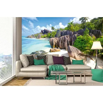 Fototapeta DIMEX | Samolepicí vliesová fototapeta na zeď Sandy Beach, Seychely MA-5-3238 | 375 x 250 cm | zelená, modrá, bílá + Samolepicí vliesová fototapeta na stěnu DIMEX Sandy Beach, Seychely MA53238 v rozměru 375 x 250 cm