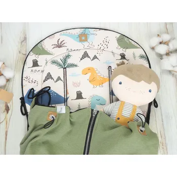 SET Podložka prodloužená (Dinosaurus, černý fleece) + vaflová deka (olive, černý fleece)