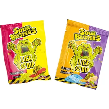 Bonbon Lízátko & PRÁSKACÍ PRÁŠEK 15 g - SOUR BUSTER DIP & LICK (kyselý práskací prášek + lízátko / balení 36 ks)