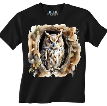 Chlapecké tričko Dětské tričko Výr velký v dutině stromu (Velikost: 12-13, Barva: Černá)