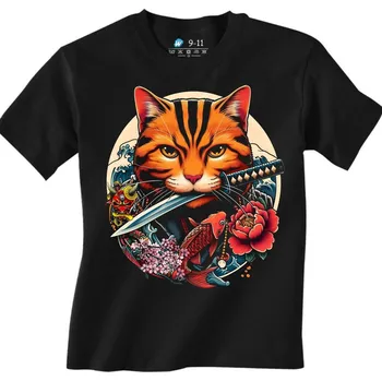 Chlapecké tričko Dětské tričko Oranžová Kočka Ostří Katany (Velikost: 7-8, Barva: Černá)