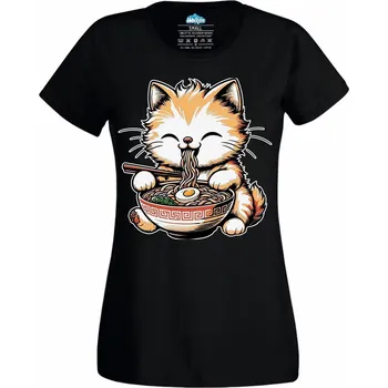 Dámské tričko Dámské tričko Spokojená Kočka a Ramen (Velikost: L, Barva: Černá)
