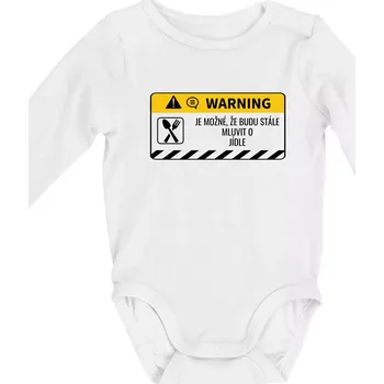 Kojenecký body Warning mluvení - Jídlo - Body kojenecké s dlouhým rukávem - Dlouhý r. do 3 měs ( Bílá )