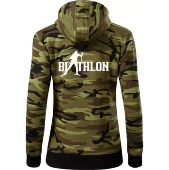 Dámská mikina Biathlon nápis - Dámská mikina trendy zipper s kapucí - S ( Zelený maskáč )