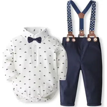 Kojenecká souprava 4-dílná kojenecká souprava – overal + kalhoty + motýlek + kšandy Barva: Bílá, Velikost: 3-6 měsíců