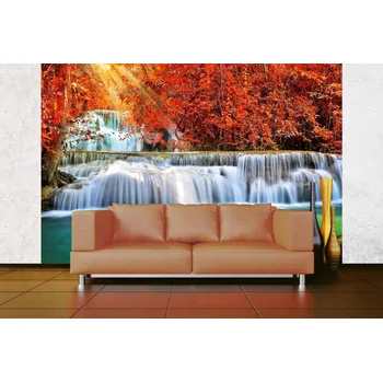 Fototapeta DIMEX | Samolepicí vliesová fototapeta na zeď Vodopád v podzimním lese MA-5-3261 | 375 x 250 cm | zelená, modrá, červená, bílá + Samolepicí vliesová fototapeta na stěnu DIMEX Vodopád v podzimním lese MA53261 v rozměru 375 x 250 cm